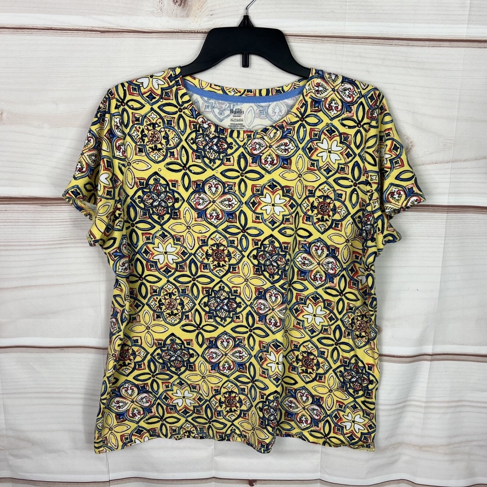 Rafaella Weekend Top Womens XL Yellow‎ Geometric T-Shirt Crew Neck Short Sleeve
